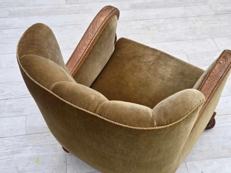 Clearance Pamono Danish Armchair in Green Velour and Carved Oak, 1960s