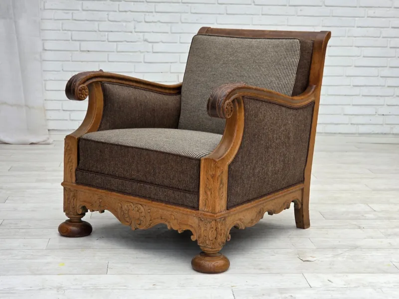 Best Pamono Danish Armchair in Wool and Carved Oak, 1950s