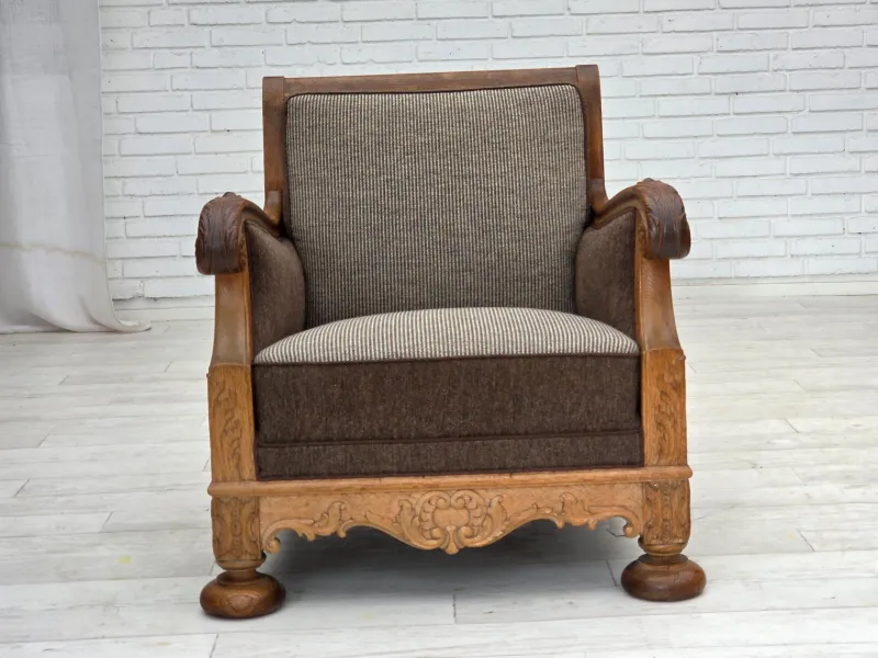 Best Pamono Danish Armchair in Wool and Carved Oak, 1950s