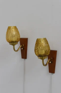 Pamono Danish Brass and Amber Glass Wall Sconces from Laoni, 1960s, Set of 2><noscript><img width=