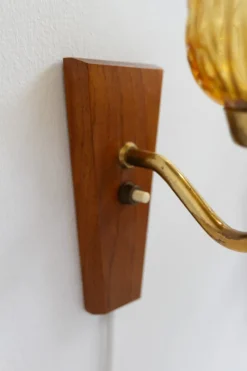 Pamono Danish Brass and Amber Glass Wall Sconces from Laoni, 1960s, Set of 2><noscript><img width=