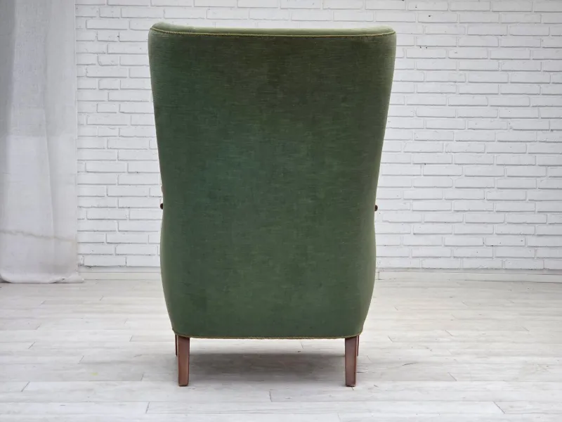 Hot Pamono Danish Highback Armchair in Green Velour and Teak Wood, 1960s