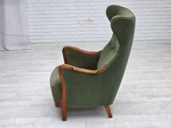 Hot Pamono Danish Highback Armchair in Green Velour and Teak Wood, 1960s