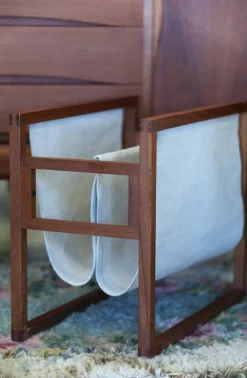 Clearance Pamono Danish Magazine Rack Teak in Linen by Henning Wind Hansen for Sika Møbler, 1960s