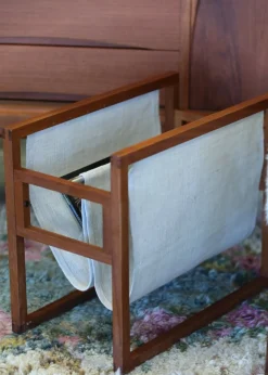 Clearance Pamono Danish Magazine Rack Teak in Linen by Henning Wind Hansen for Sika Møbler, 1960s