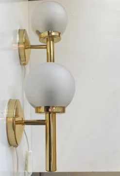 Pamono Danish Modern Brass and Frosted Glass Wall Sconces from Abo Metalkunst, 1970s, Set of 2><noscript><img width=