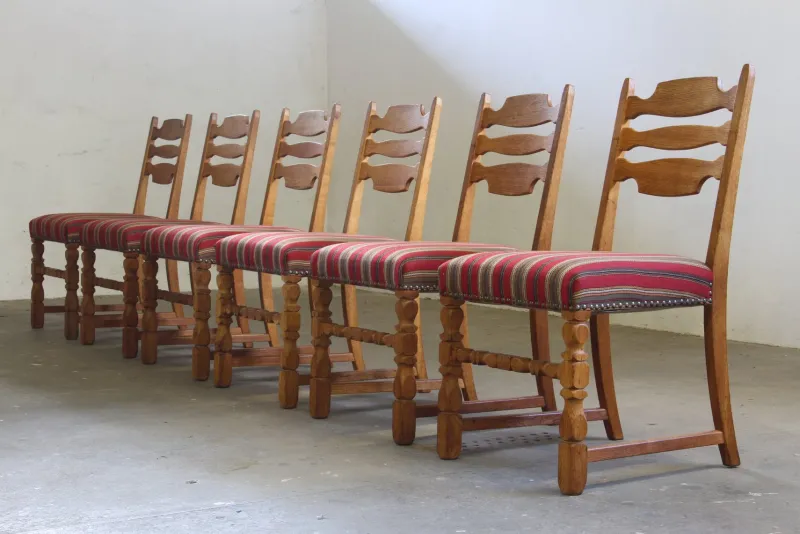 Pamono Danish Modern Brualist Oak Dining Chairs by Henning Kjærnulf, 1960s, Set of 6> Side Chairs & Dining Chairs
