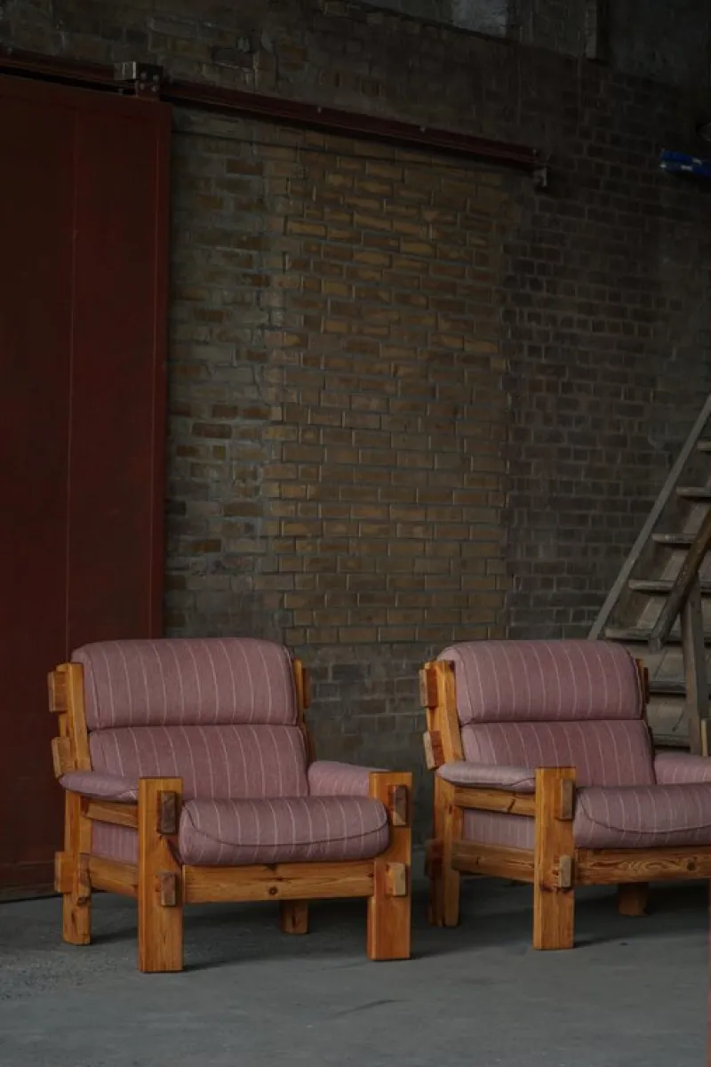 Pamono Danish Modern Lounge Chairs in Pine and Wool from Christian IV, 1970s, Set of 2> Lounge Chairs & Armchairs