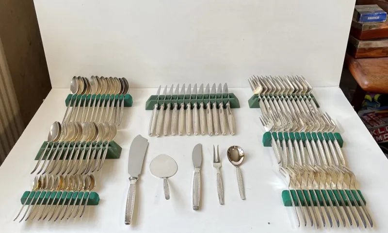 Pamono Danish Modern Silver-Plated Capri Cutlery for 12 by Kr. J. Andersen, 1960s, Set of 89