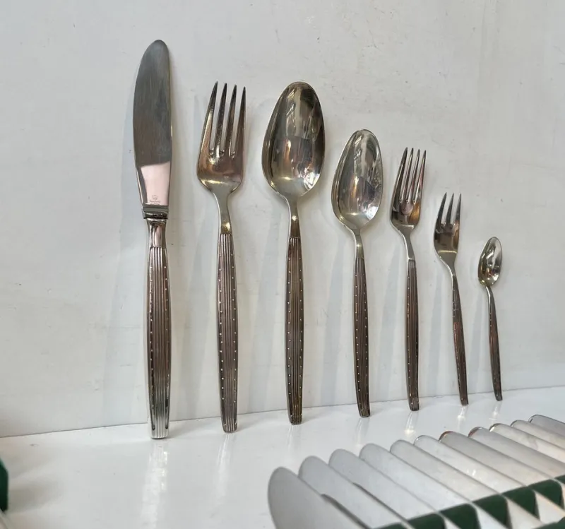 Pamono Danish Modern Silver-Plated Capri Cutlery for 12 by Kr. J. Andersen, 1960s, Set of 89