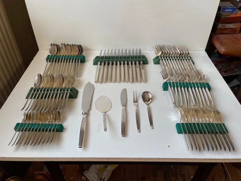 Pamono Danish Modern Silver-Plated Capri Cutlery for 12 by Kr. J. Andersen, 1960s, Set of 89