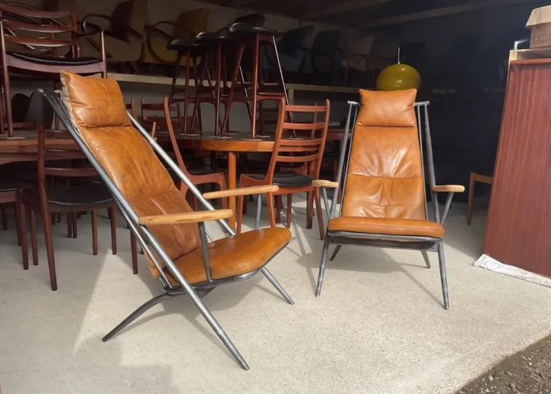 New Pamono Danish Style Tan Leather Armchairs, Set of 2