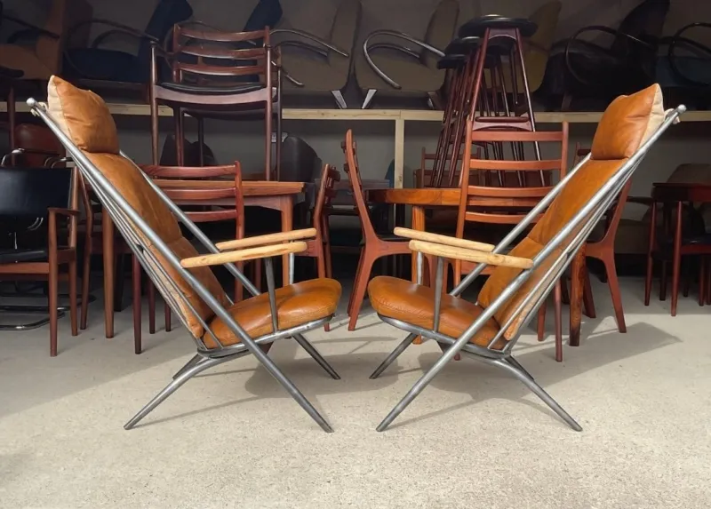 New Pamono Danish Style Tan Leather Armchairs, Set of 2