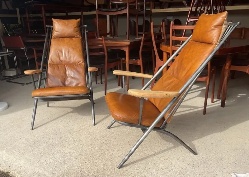 New Pamono Danish Style Tan Leather Armchairs, Set of 2