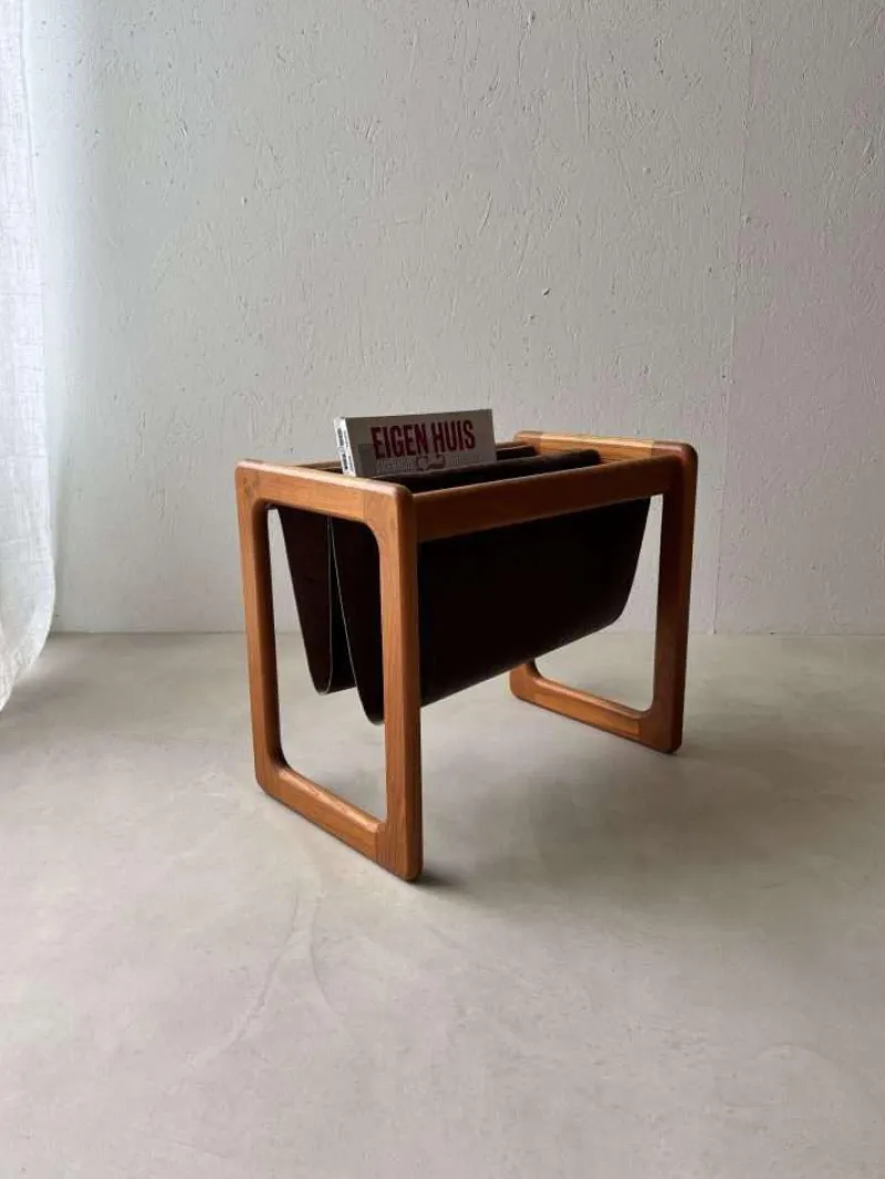 Pamono Danish Teak and Suede Reading Basket from Vildbjerg Møbelfabrik, 1960s> Magazine Racks