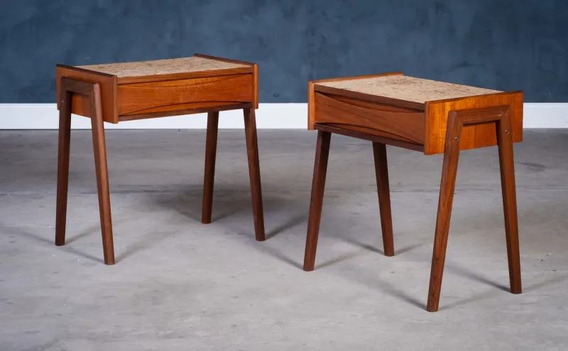 Sale Pamono Danish Teak Bedside Tables with Cork Top by Ølholm Møbelfabrik, 1960s, Set of 2