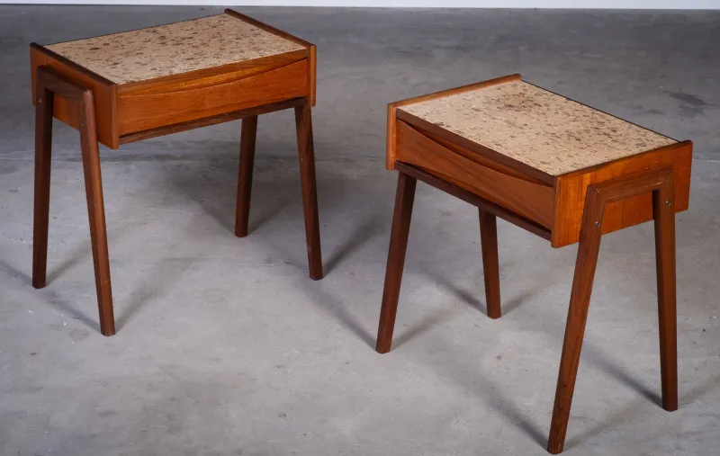 Sale Pamono Danish Teak Bedside Tables with Cork Top by Ølholm Møbelfabrik, 1960s, Set of 2