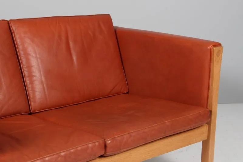 Hot Pamono Danish Two-Seat Sofa in Leather and Oak by Hans J. Wegner, 1960s