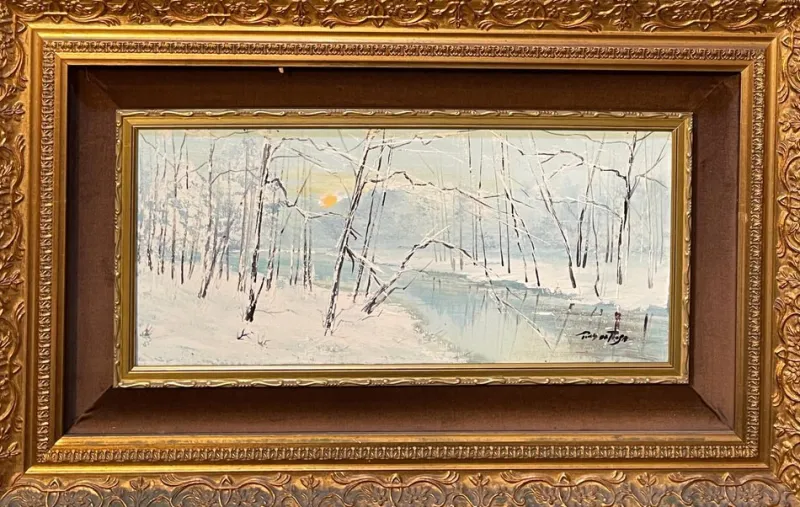 Sale Pamono De Rosa, Snowy Landscape, 20th Century, Oil Painting on Canvas, Framed