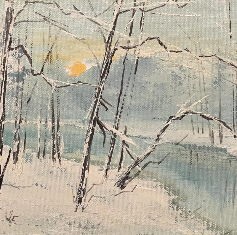 Sale Pamono De Rosa, Snowy Landscape, 20th Century, Oil Painting on Canvas, Framed