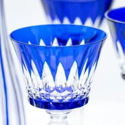 Pamono Deep Blue Overlay Baccarat Crystal Glasses and Decanter, France, 1940s, Set of 7><noscript><img width=