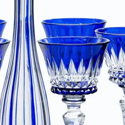 Pamono Deep Blue Overlay Baccarat Crystal Glasses and Decanter, France, 1940s, Set of 7><noscript><img width=