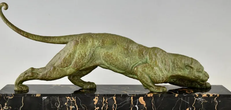 Pamono Demetre Chiparus, Art Deco Panther Sculpture, 1930, Metal Sculpture on Marble Base> Art Deco