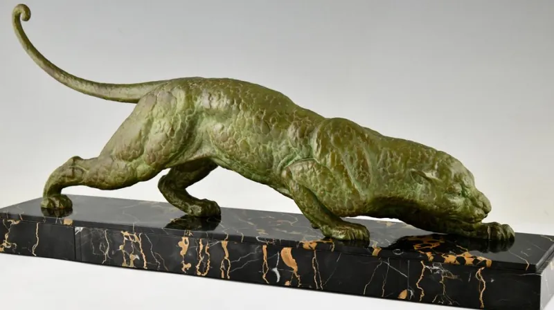 Pamono Demetre Chiparus, Art Deco Panther Sculpture, 1930, Metal Sculpture on Marble Base> Art Deco