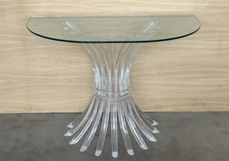 Discount Pamono Demilune Console Table with Acrylic Glass Pedestal Base and Clear Glass Top, 1960s