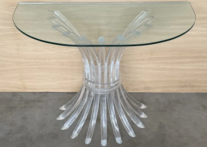 Discount Pamono Demilune Console Table with Acrylic Glass Pedestal Base and Clear Glass Top, 1960s