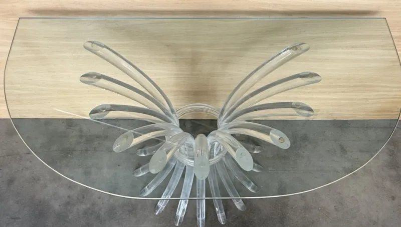 Discount Pamono Demilune Console Table with Acrylic Glass Pedestal Base and Clear Glass Top, 1960s