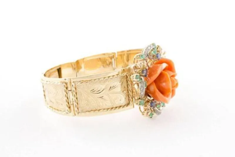 Hot Pamono Diamond, Emerald, Sapphire,Orange Coral Flower & Rose Gold Bracelet