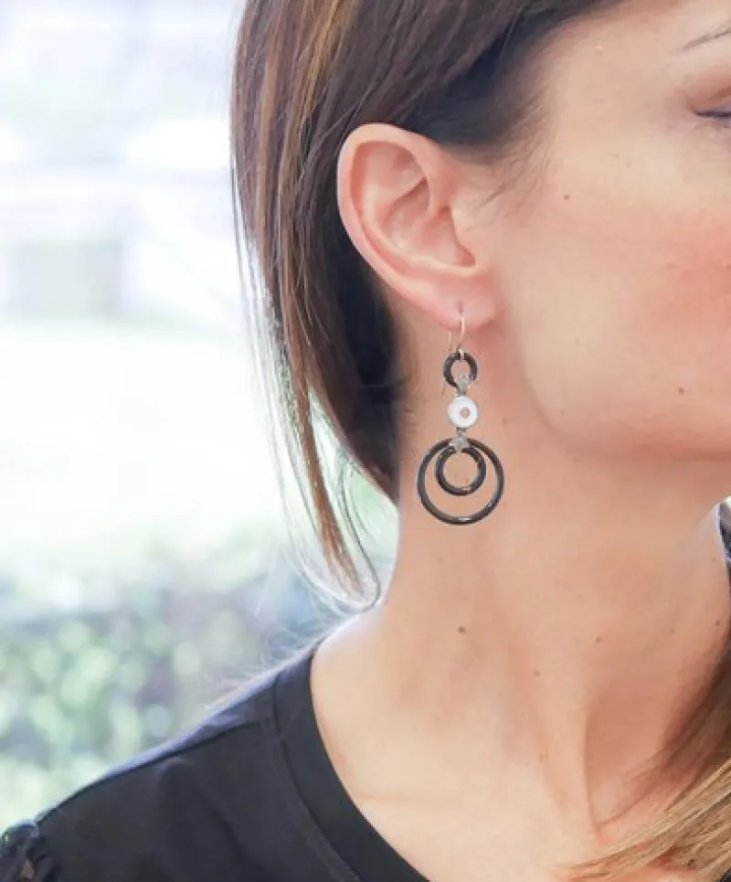 Pamono Diamonds, White Stones, Onyx, Rose Gold and Silver Dangle Earrings, Set of 2> Earrings