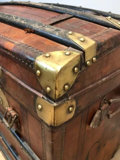 Pamono Domed Travel Trunk in Leather, Wood and Brass, 1890s><noscript><img width=