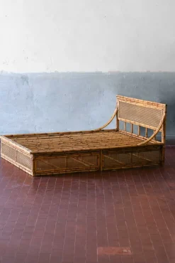 Clearance Pamono Double Bed with Bamboo and Vienna Straw Headboard, 1980s