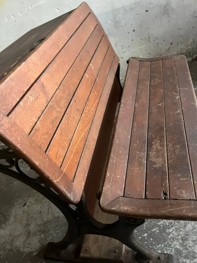 Pamono Double School Desk with Cast Iron Frame, Early 20th Century> Desks