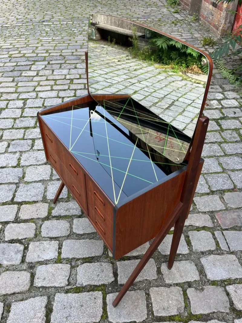Clearance Pamono Dressing Table in Teak with Patterned Glass Top