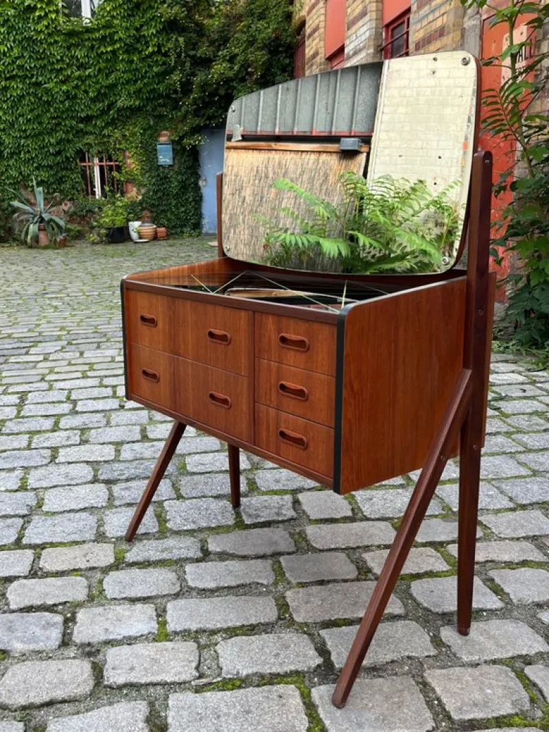 Clearance Pamono Dressing Table in Teak with Patterned Glass Top