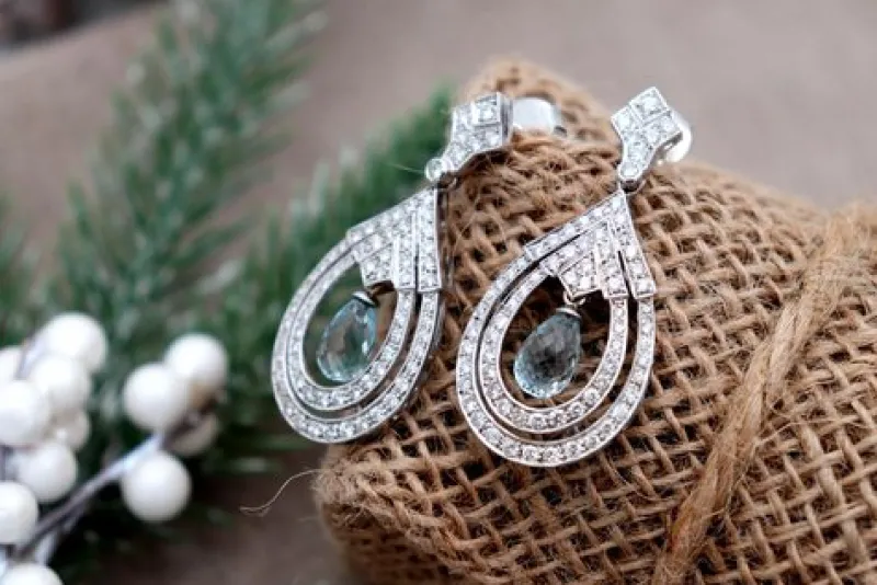 Pamono Drop-Shaped 18 Karat Gold Earrings with Brilliant-Cut Diamonds and Aquamarines, Set of 2> Earrings