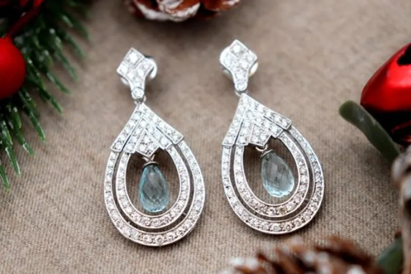 Pamono Drop-Shaped 18 Karat Gold Earrings with Brilliant-Cut Diamonds and Aquamarines, Set of 2> Earrings