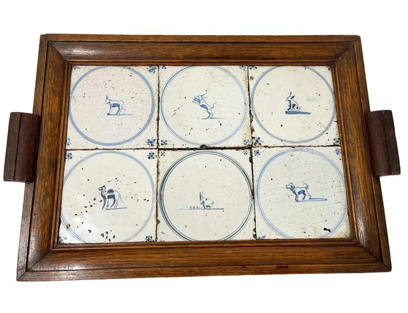 Pamono Dutch Delft Serving Tray with Blue Tiles, 1650s-1700s> Trays