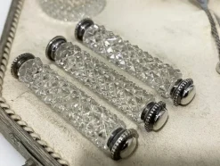 Pamono Dutch Diamant Cut Crystal and Silver Set of Knife Rests with Salt Cellars, 1880s, Set of 12><noscript><img width=