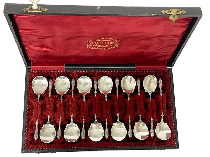 Pamono Dutch Silver Ice Cream Spoons by Van Kempen & Zonen, 1890s, Set of 12> Cutlery & Serving Utensils