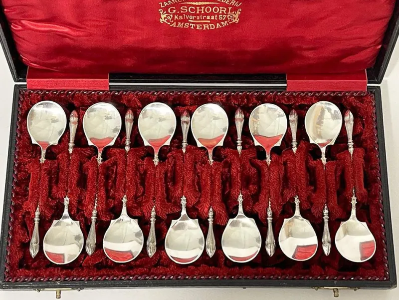 Pamono Dutch Silver Ice Cream Spoons by Van Kempen & Zonen, 1890s, Set of 12> Cutlery & Serving Utensils