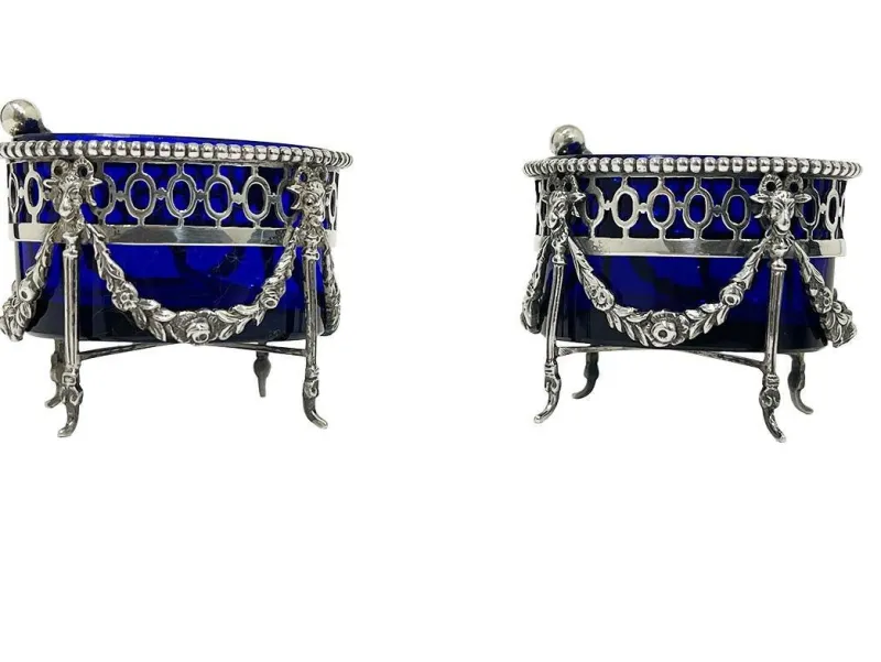 Pamono Dutch Silver with Blue Crystal Glass Salt Cellars by P. Heerens, 1890s, Set of 4> Salt & Pepper Shakers