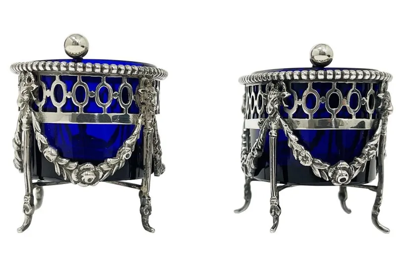 Pamono Dutch Silver with Blue Crystal Glass Salt Cellars by P. Heerens, 1890s, Set of 4> Salt & Pepper Shakers