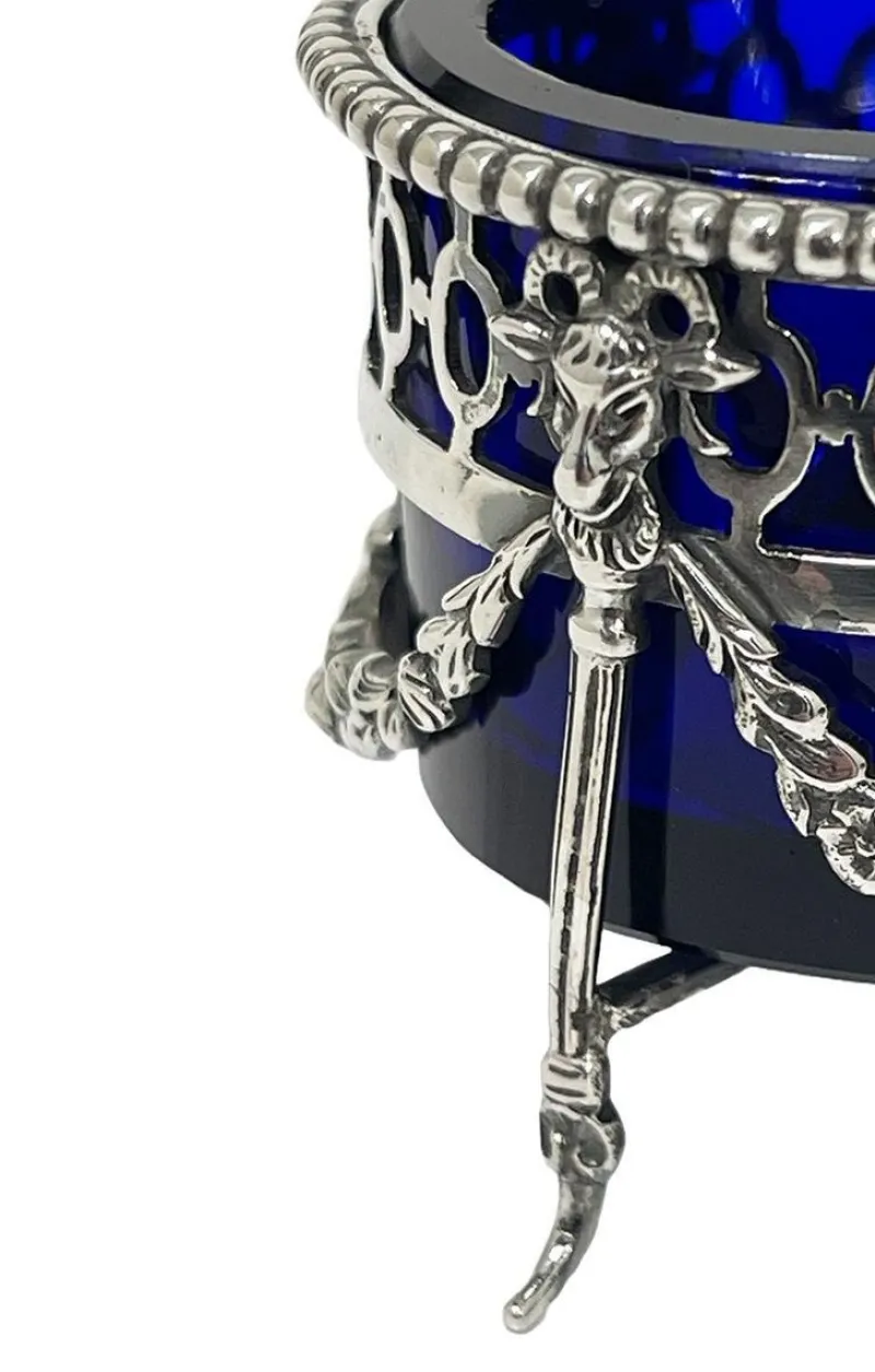Pamono Dutch Silver with Blue Crystal Glass Salt Cellars by P. Heerens, 1890s, Set of 4> Salt & Pepper Shakers