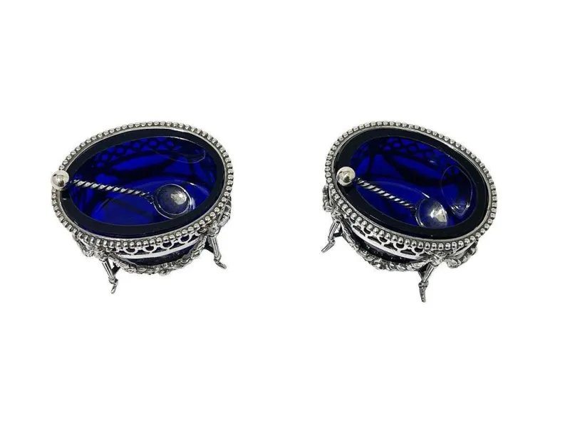 Pamono Dutch Silver with Blue Crystal Glass Salt Cellars by P. Heerens, 1890s, Set of 4> Salt & Pepper Shakers