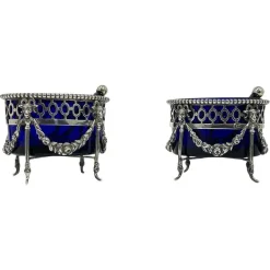 Pamono Dutch Silver with Blue Crystal Glass Salt Cellars by P. Heerens, 1890s, Set of 4><noscript><img width=