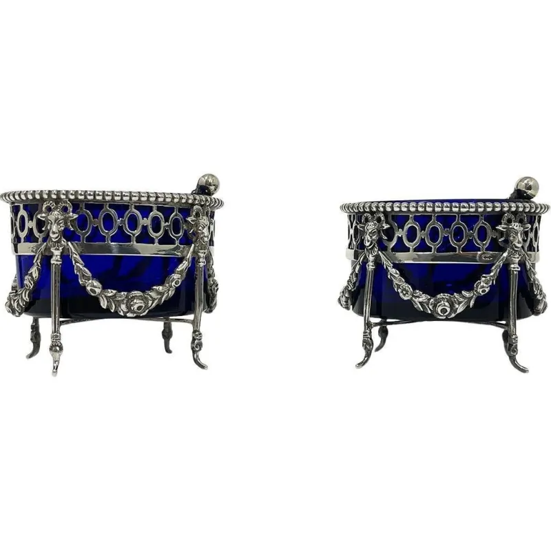 Pamono Dutch Silver with Blue Crystal Glass Salt Cellars by P. Heerens, 1890s, Set of 4> Salt & Pepper Shakers
